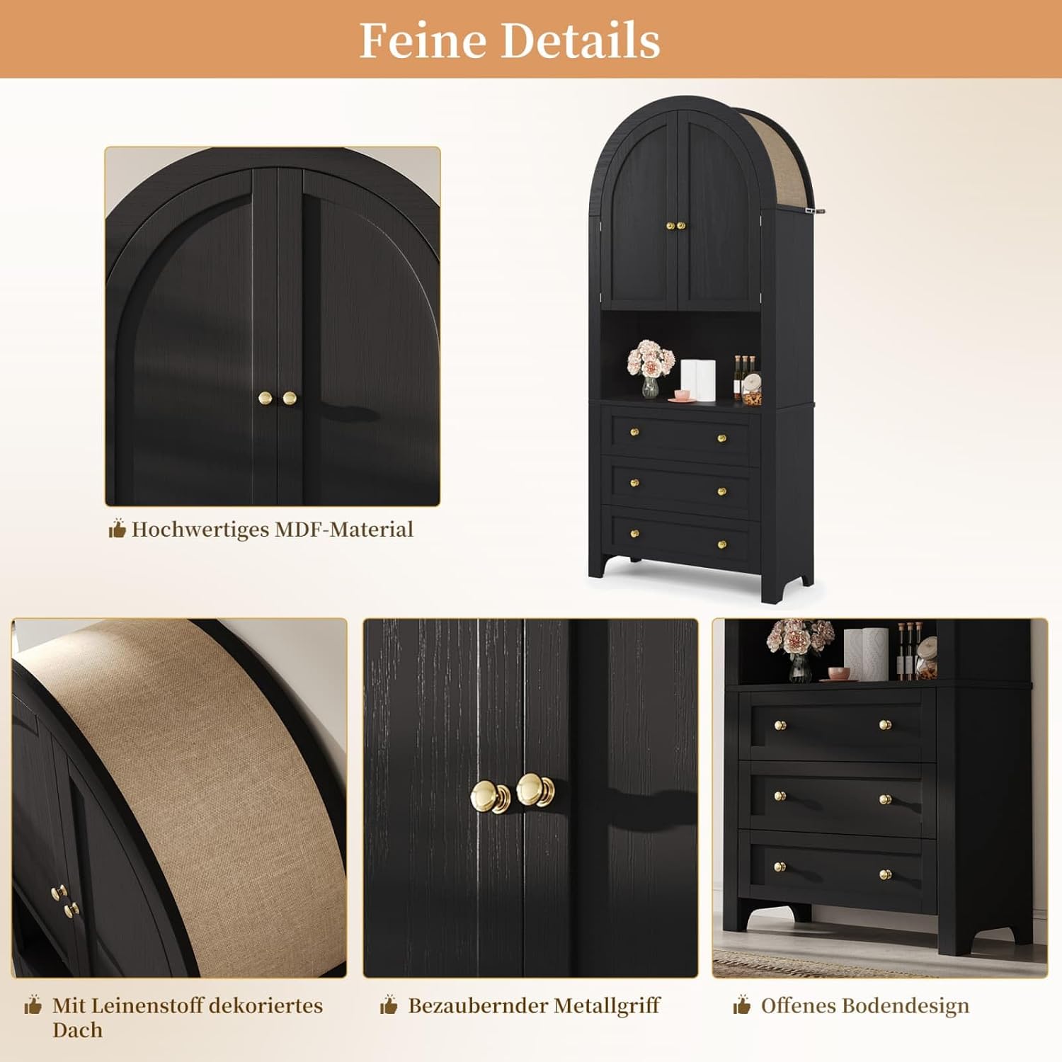 KOMHTOM Armoire de Rangement Haute, Armoire en Bois, Meuble de Rangement, Conception avec Dessus Incurvé, 3 Tiroirs, 2 Portes, pour Cuisine et Salon Noir – Image 4