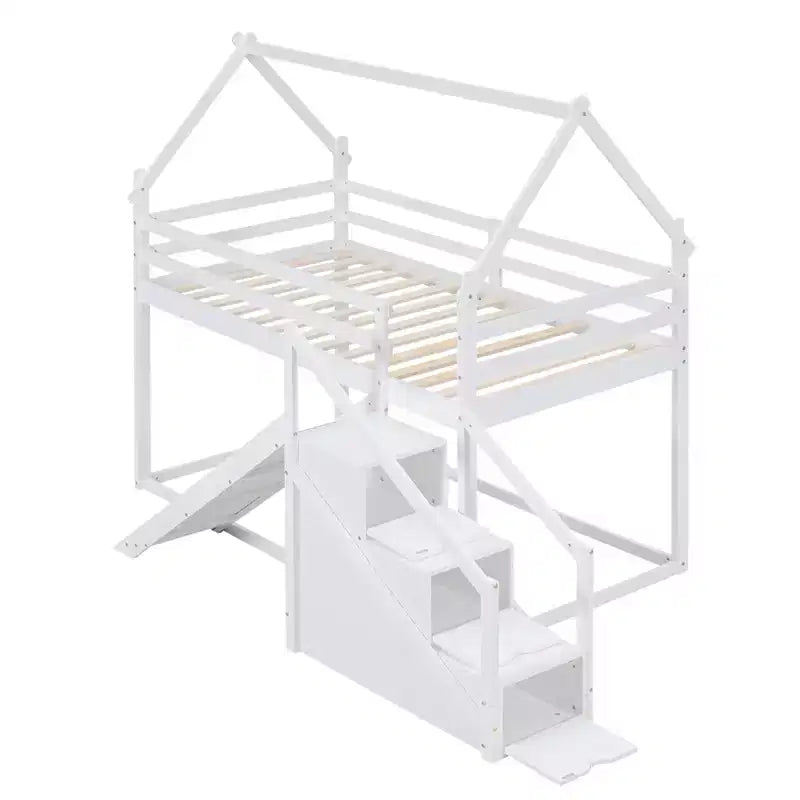 House Bunk Beds with Slide and Storage Stairs, Kids Wood Twin over Twin Bunk Bed with Roof and Stairs for Girls Boys – Image 26