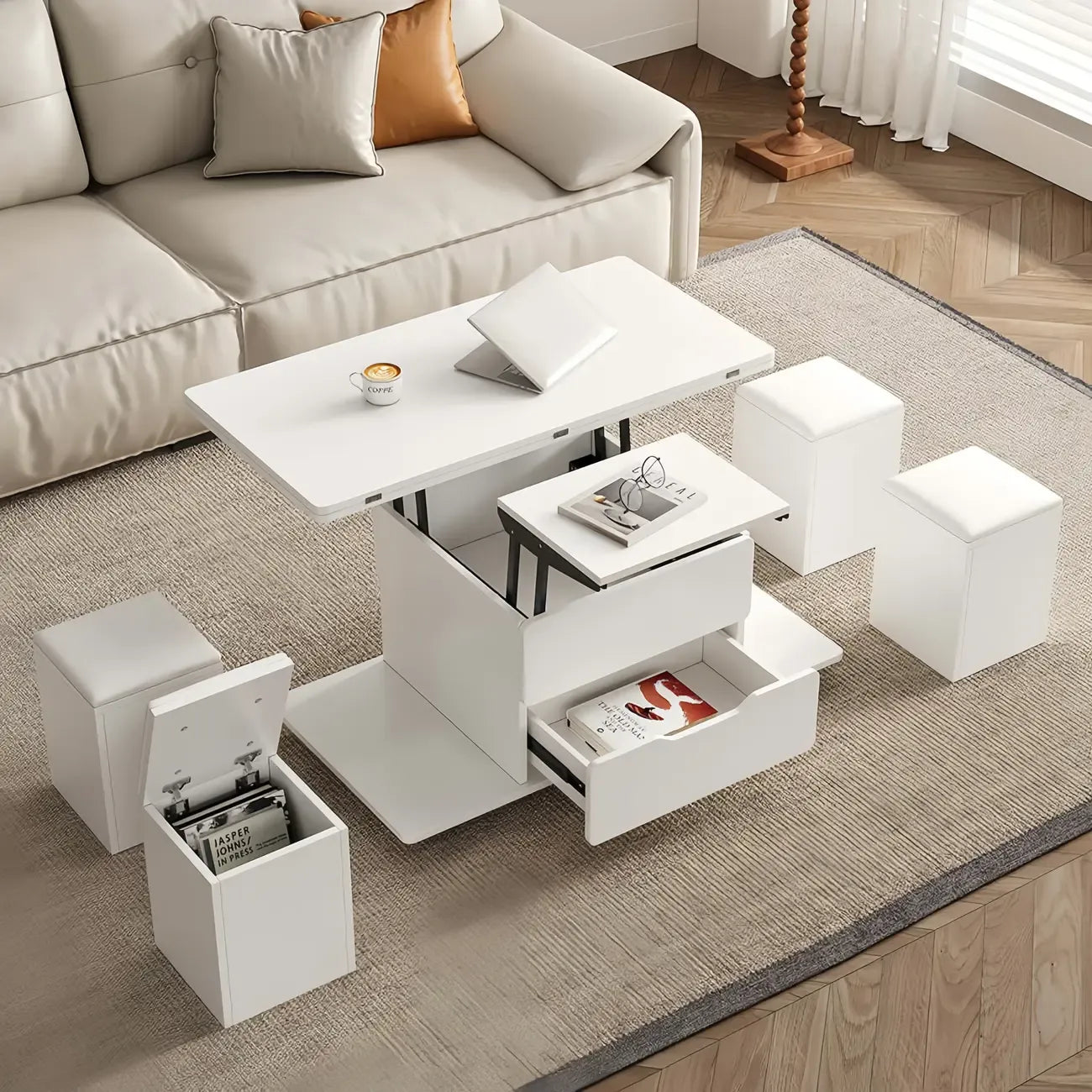Foldable Lift-Top Coffee Table with 4 Stools & Storage – Image 44