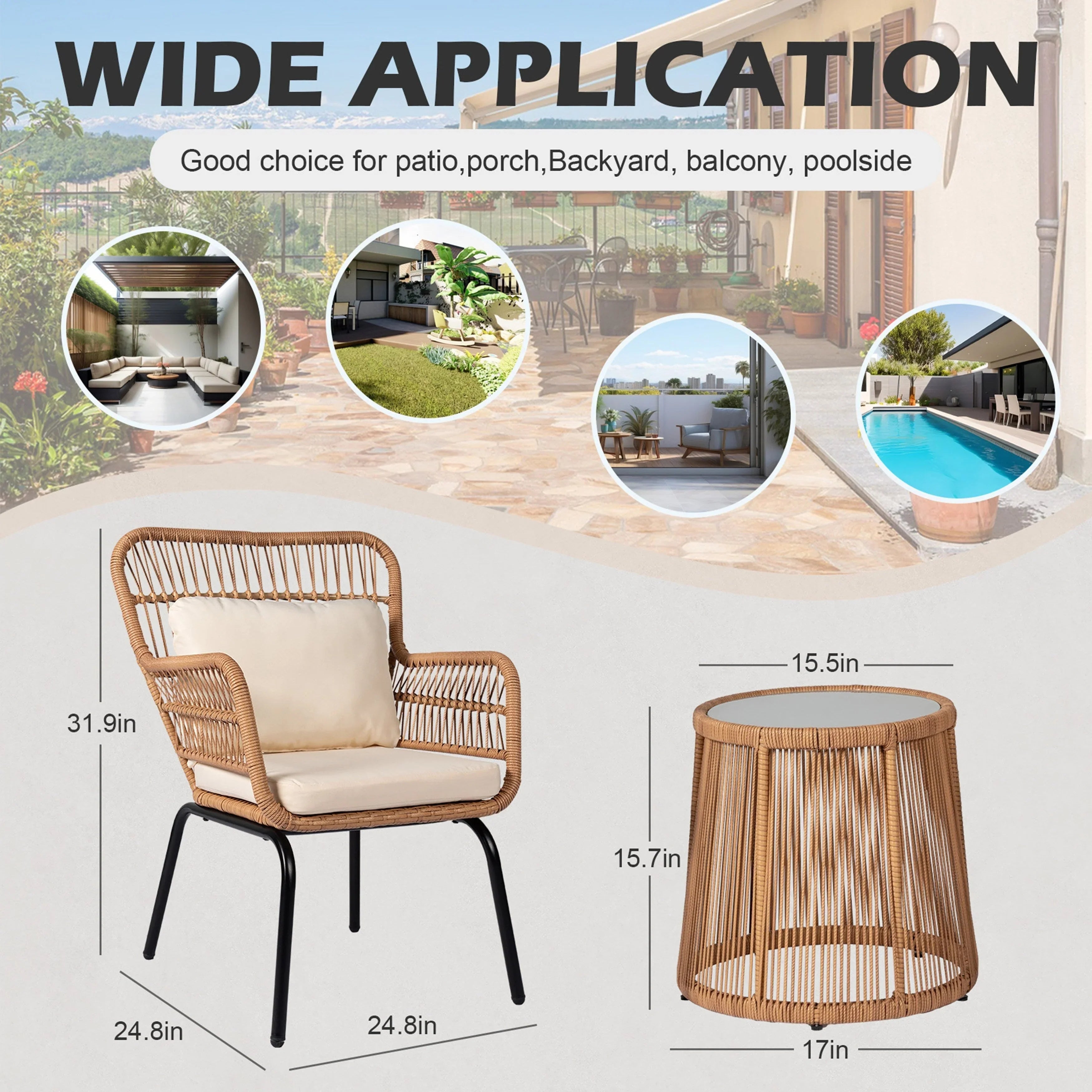 3 Piece Outdoor Wicker Conversation Bistro Set, All-Weather Rattan Furniture Patio Chairs Set with Cushions – Image 13