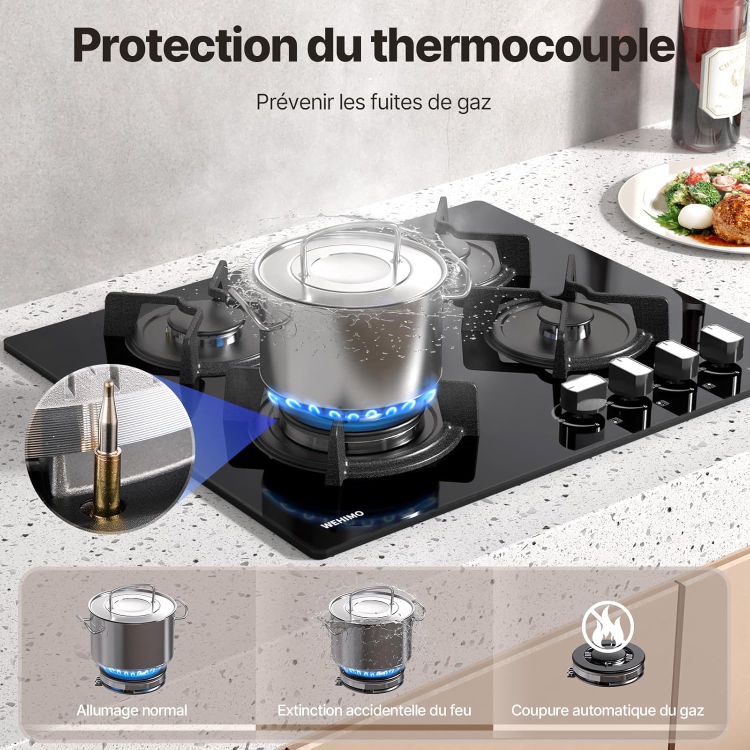 Plaque de Cuisson Gaz 4 Feuxs, Plaque Gaz 4 Feuxs Encastrable, Table de Cuisson 60cm, Grille Fonte, 7800W, Gazs Ville et Bouteille, Verre Noir – Image 5