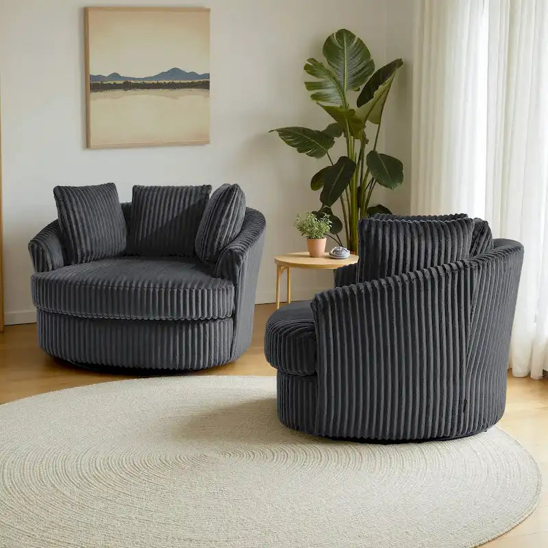 2 Set Oversized 43 W Plush Corduroy Swivel Barrel Chair with Pillows – Image 25