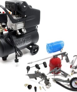 Wiltec Kit Compresseur d'air avec Réservoir de 24 l – 540 x 260 x 600 mm – 1100 W 1,5 CV – 206 l/min – Outil d’atelier Mobile avec Roues et Poignée – Avec 13 accessoires