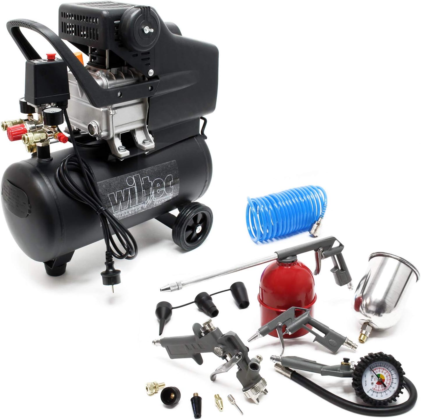 Wiltec Kit Compresseur d'air avec Réservoir de 24 l – 540 x 260 x 600 mm – 1100 W 1,5 CV – 206 l/min – Outil d’atelier Mobile avec Roues et Poignée – Avec 13 accessoires