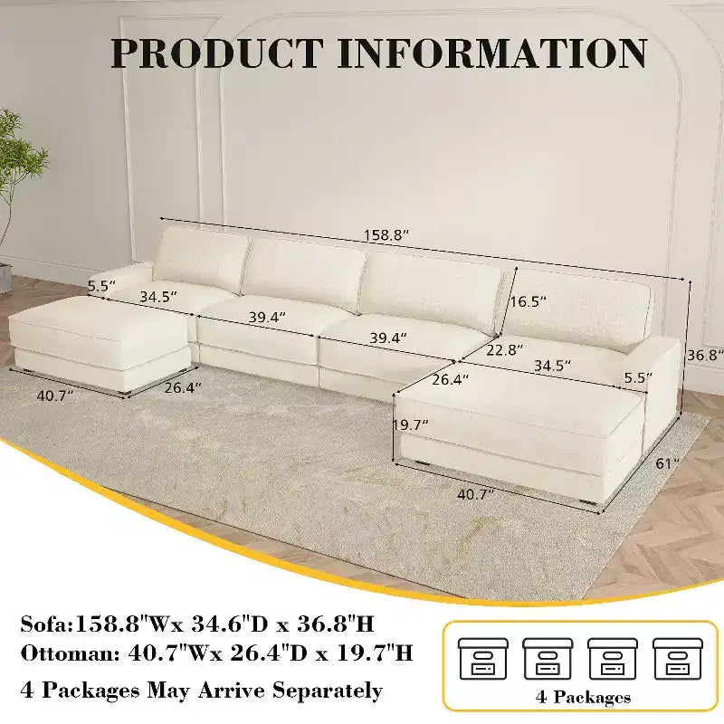 Dyonery 158 Extra Large Modular Sectional Sofa, CHENILLE Fabric with Deep Seat, Tool-Free Assembly – Image 18