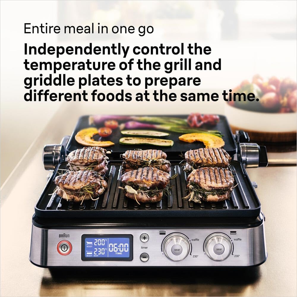 Braun MultiGrill 9 CG 9043, Appareil Panini Électrique avec Plaques de Grillage et de Cuisson, 2 Thermostats Indépendants, 3 Positions de Cuisson, Plaques Lavables au Lave-Vaisselle, 2000W, Noir/Inox – Image 4
