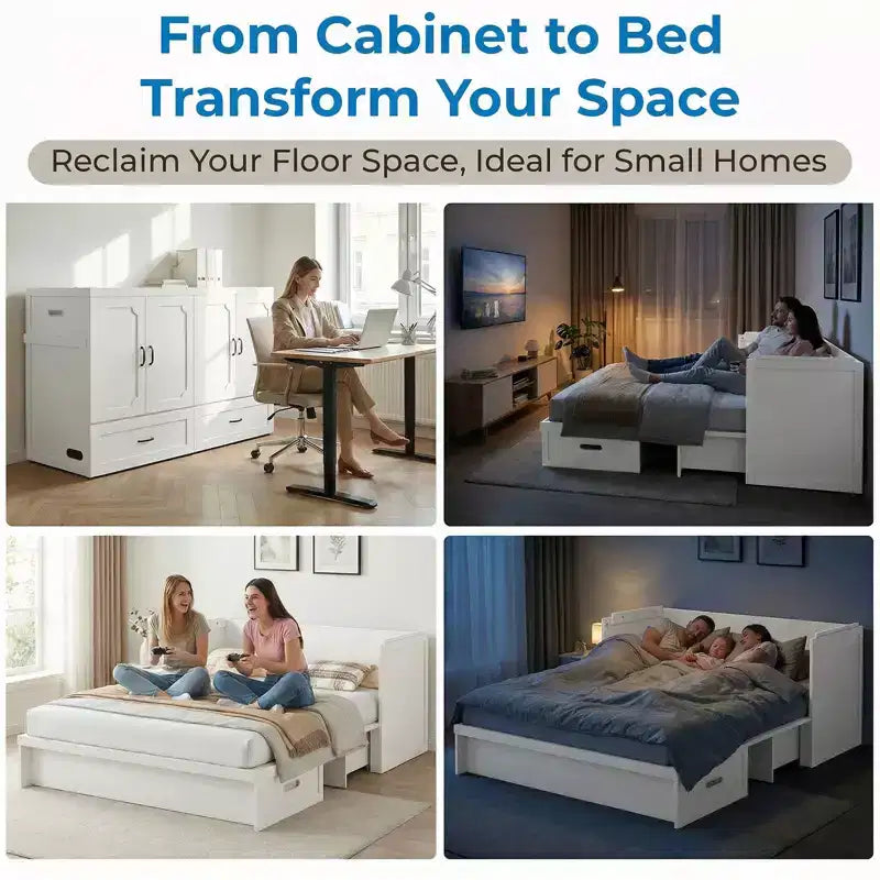 Mjkone Queen Size Convertible Murphy Cabinet Bed with Mattress, USB Charging, Storage Drawers – Image 24