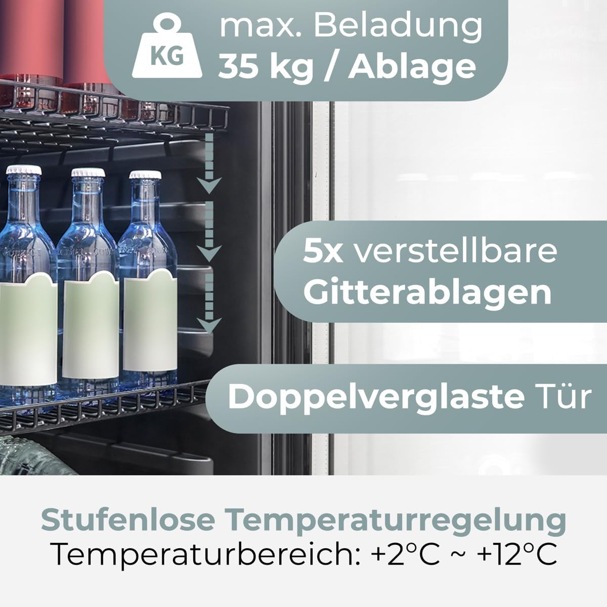 Bomann KSG 7292 Réfrigérateur avec porte en verre | Classe énergétique C | 143 cm | Réfrigérateur de boissons 2-12 °C | MultiAirflow | 5 étagères grillagées | Butée de porte interchangeable | 236 l | – Image 3