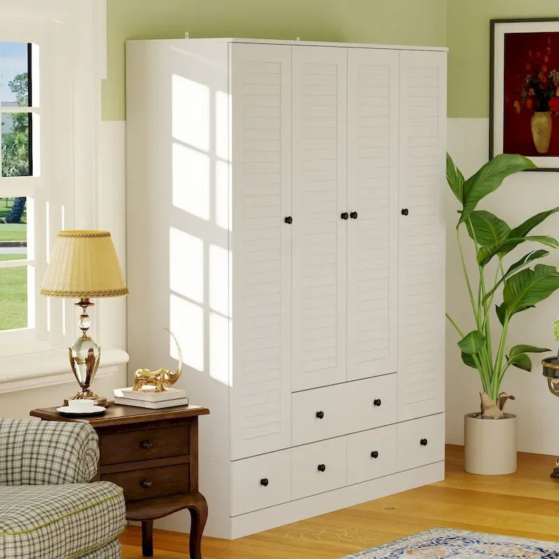 Wardrobe Armoire Closet 59W Large Freestanding Wardrobe Cabinet White – Image 9