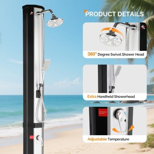 Bonnlo Douche Solaire 60L, Douche Exterieur Solaire avec Pommeau de Douche Douchette et Robinet, Eau Chaude et Température réglable, Idéal pour Jardin Plage Piscine – Image 3