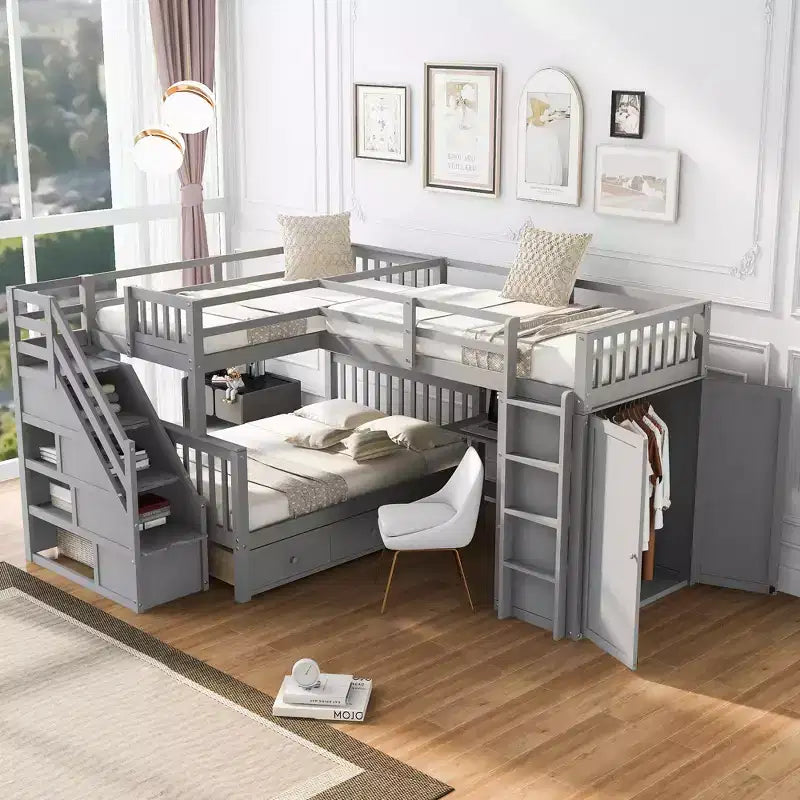 Whisen Modern Design Twin over Full L-Shaped Bunk Bed With 3 Drawers, Portable Desk and Wardrobe – Image 4