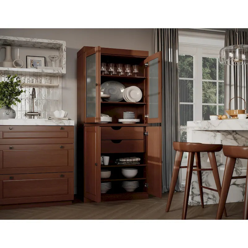 100% Solid Wood Pantry Cabinet with Frosted Glass Doors, Solid Doors, 2-Drawers and Adjustable Shelves – Image 8