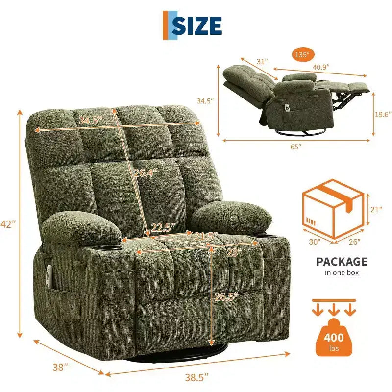 Oversized Recliner Chair for Adults, Manual Swivel Rocker Sofa, Side Pockets & Cup Holders for Big and Tall Persons, Living Room – Image 13