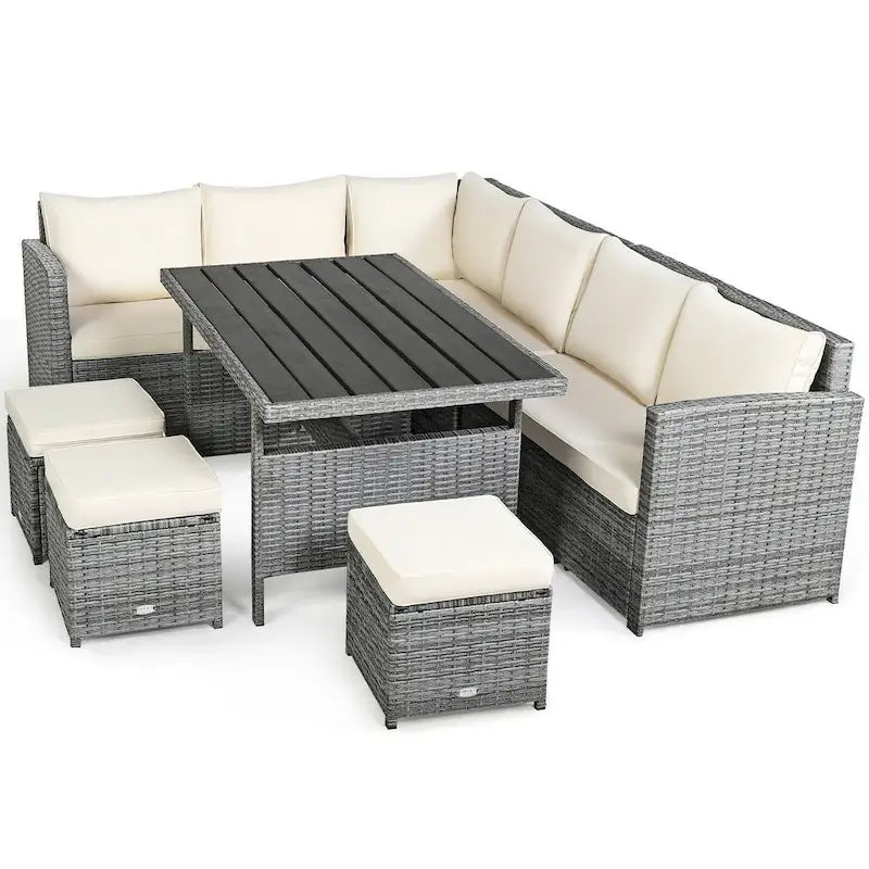 7 Pcs All-Weather Patio Rattan Dining Furniture Sectional Sofa Set with Wicker Ottoman and Cushed Couch – Image 32