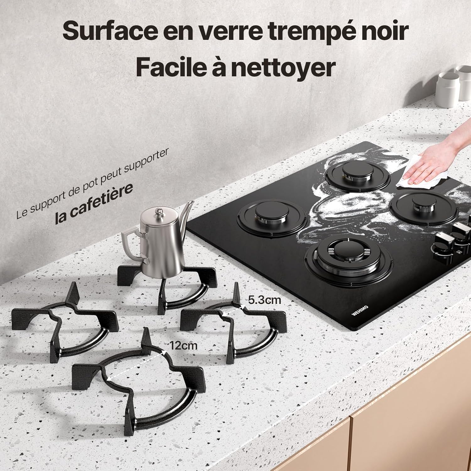 Plaque de Cuisson Gaz 4 Feuxs, Plaque Gaz 4 Feuxs Encastrable, Table de Cuisson 60cm, Grille Fonte, 7800W, Gazs Ville et Bouteille, Verre Noir – Image 6