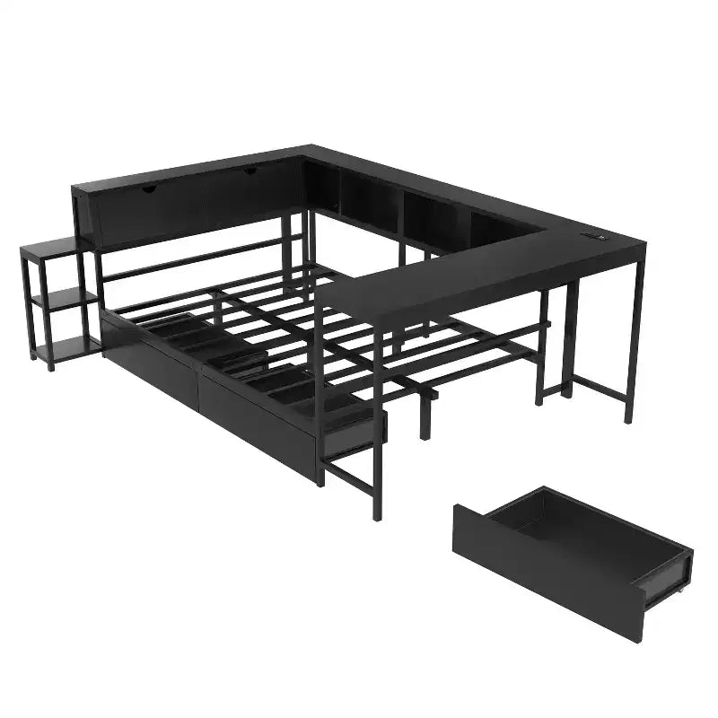 GDFStudio Curme Modern Corner Bed with Bookcase and 2 Underbed Storage Drawers – Image 3