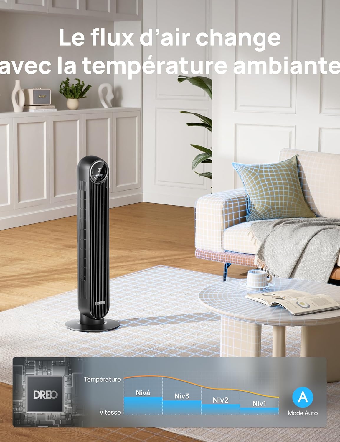 Dreo 20dB ventilateur colonne silencieux pour chambre, 7,6 m/s, oscillant à 90°, 92 cm, avec télécommande, ventilateurs tour équipés de 4 vitesses, 4 modes, et minuterie 8H, noir, Nomad One – Image 4