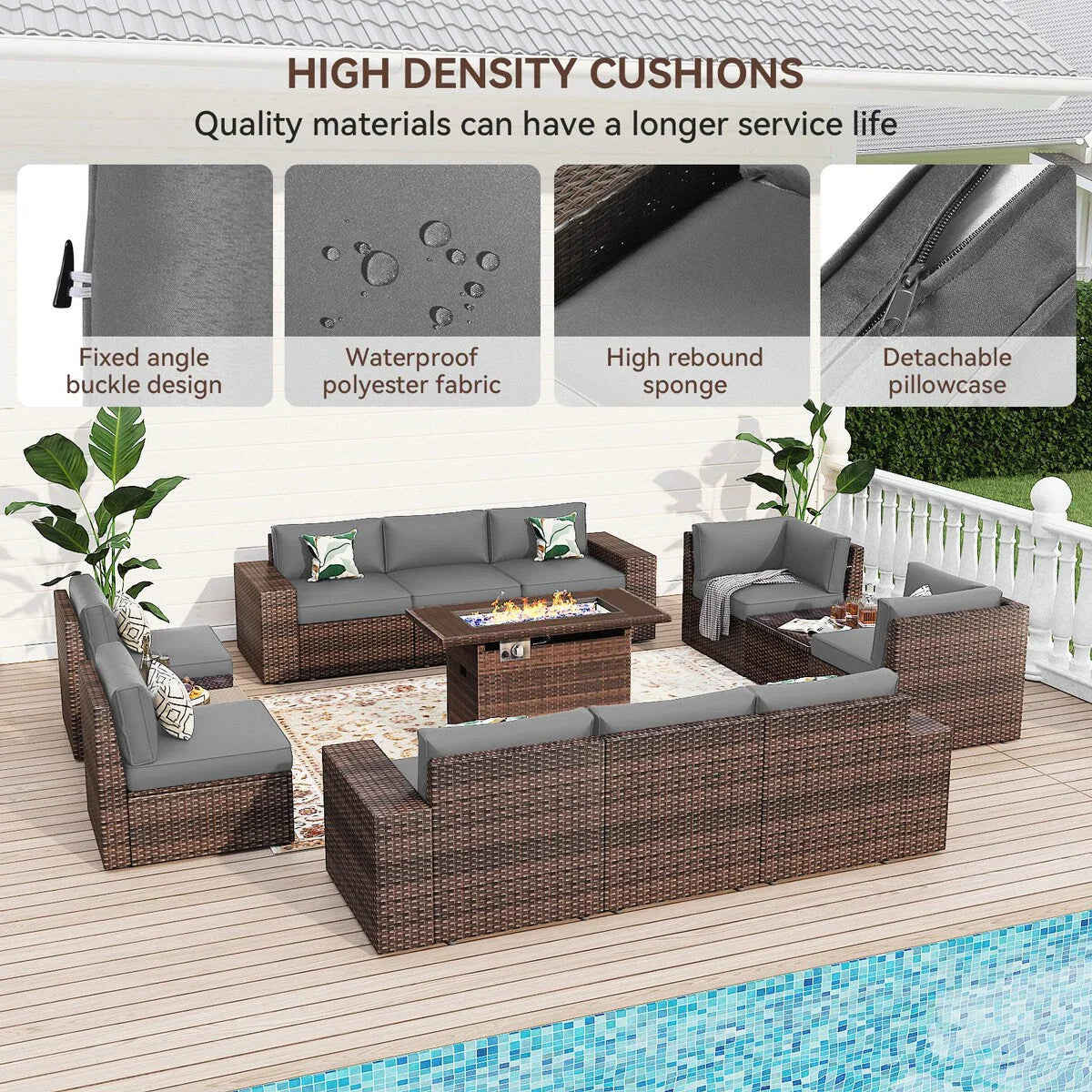 13 Pieces Patio Furniture Set with 44Fire Pit Table – Image 23