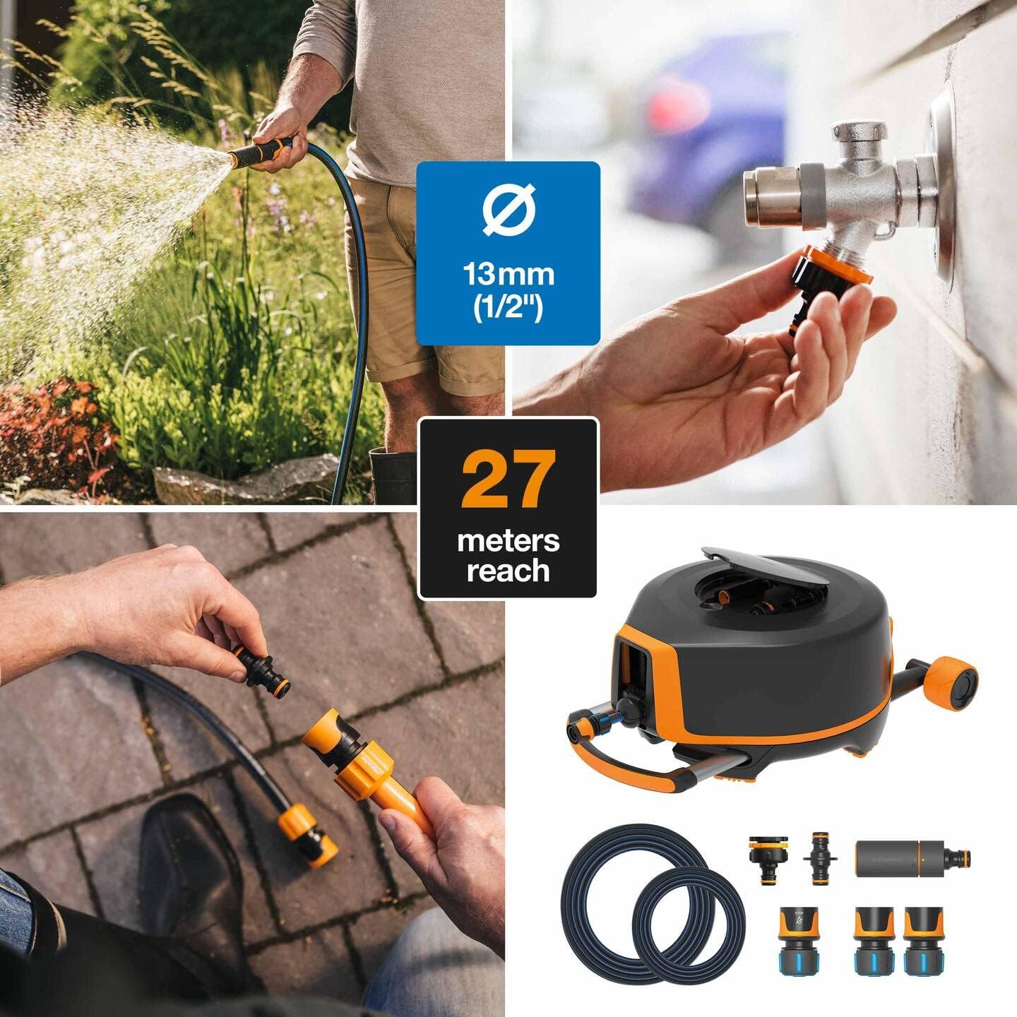 Fiskars Devidoir XL avec Roues, Set d'Arrosage Tout-en-1, Tuyau de 27 m, Tuyau à Enroulement automatique, Tuyau de taille universelle diamètre 13 mm , Raccord universel pour Robinet, noir/orange, 1025933 – Image 2