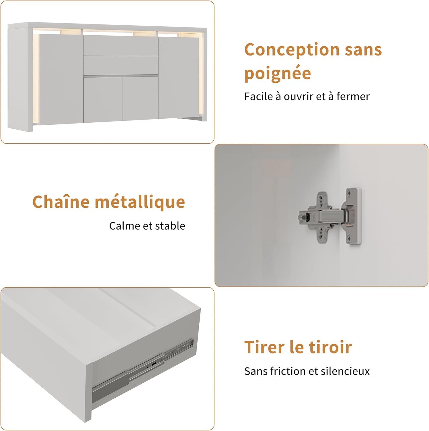 LONELYO Buffet Blanc Laqué 4 Portes2 Tiroirs avec Éclairage LED, Meuble de Rangement Moderne pour Salon, Cuisine ou Entrée, Design Haut Brillant Blanc – Image 8