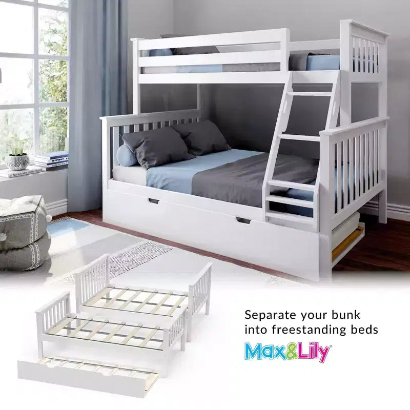 Max & Lily Solid Wood Bunk Bed, Twin over Full with Storage Trundle and Ladder for Kids – Image 36