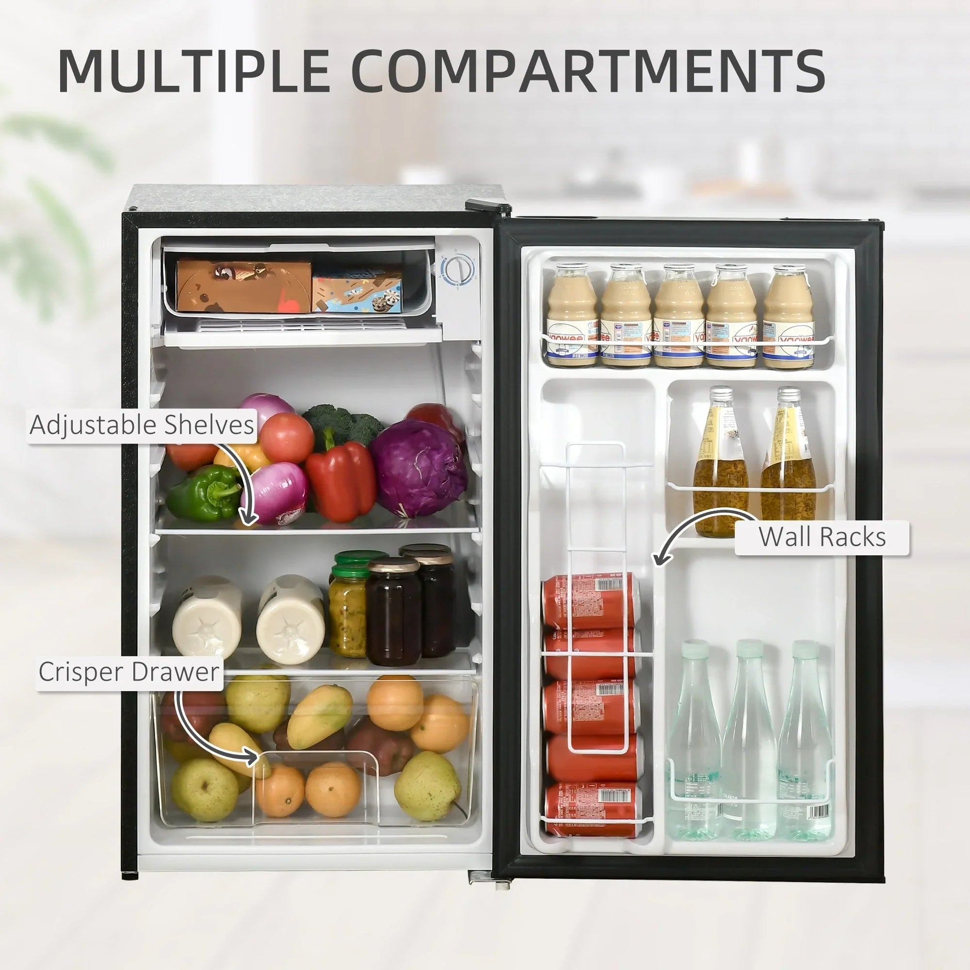 HOMCOM 3.2 Cu.Ft Mini Fridge with Freezer, Single Door Compact Refrigerator with Adjustable Thermostat for Bedroom – Image 26