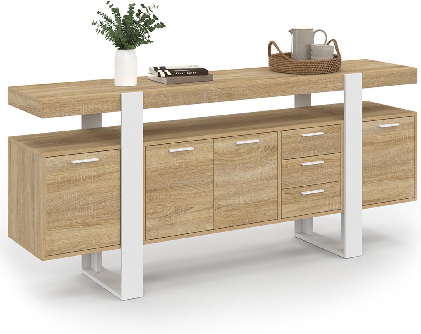 IDMarket - Buffet 180 cm Phoenix XXL 4 Portes avec 3 tiroirs Bois et Blanc