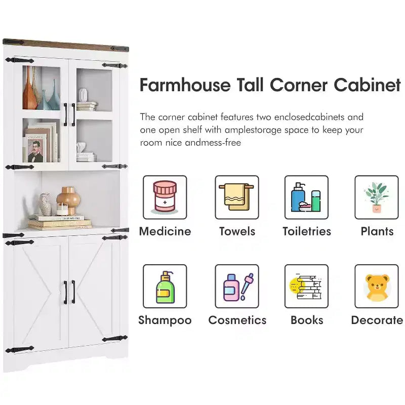 67 in Tall Corner Storage Cabinet with Lights, Farmhouse Corner Hutch Display Cabinet with Glass Doors, Wooden Storage Organizer for Kitchen, Bathroom – Image 19