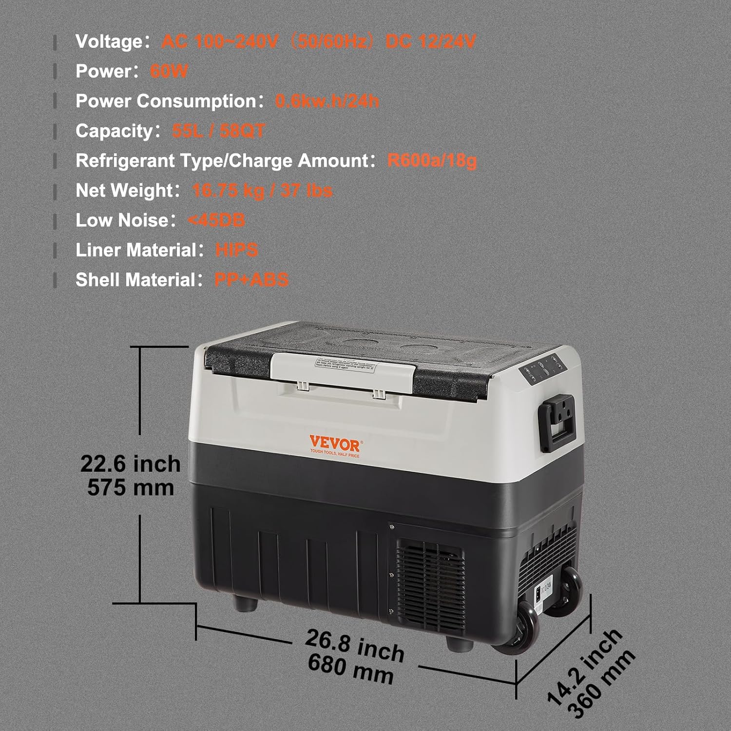 VEVOR Glacière Électrique Portable de 55 L Réfrigérateur de Voiture Portable 12/24 V CC 100-240 V CA Frigo Voiture Double Zone 0,6 kW.h -20 °C à 10 °C Réglable Congélateur pour Camion Bateau Camping – Image 7