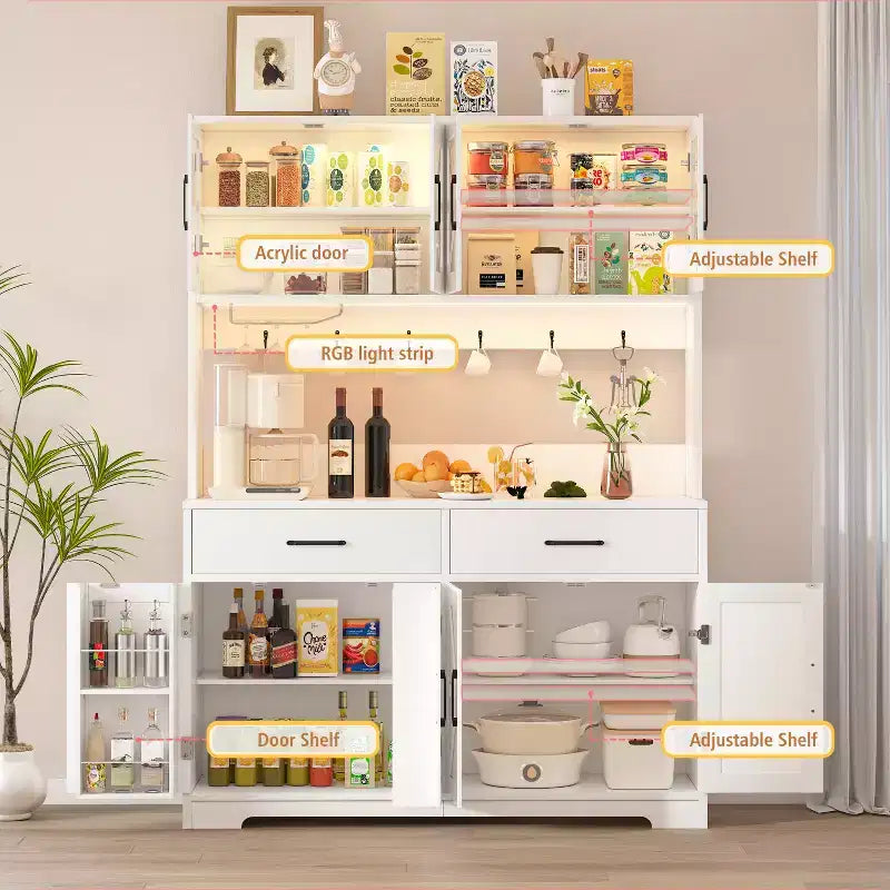 Dyonery white minimalist food storage cabinet, with glass cabinet doors, features 8 spacious storage zones and 2 drawers. – Image 5