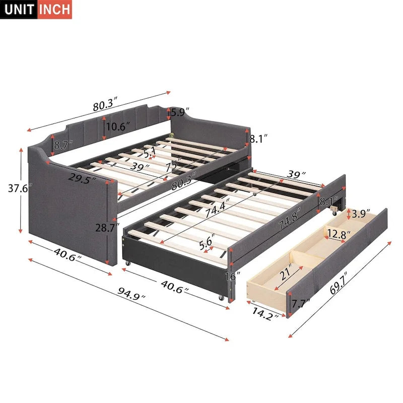 Twin Upholstered Daybed with Trundle and 3 Storage Drawers, Modern Guest Bed – Image 6