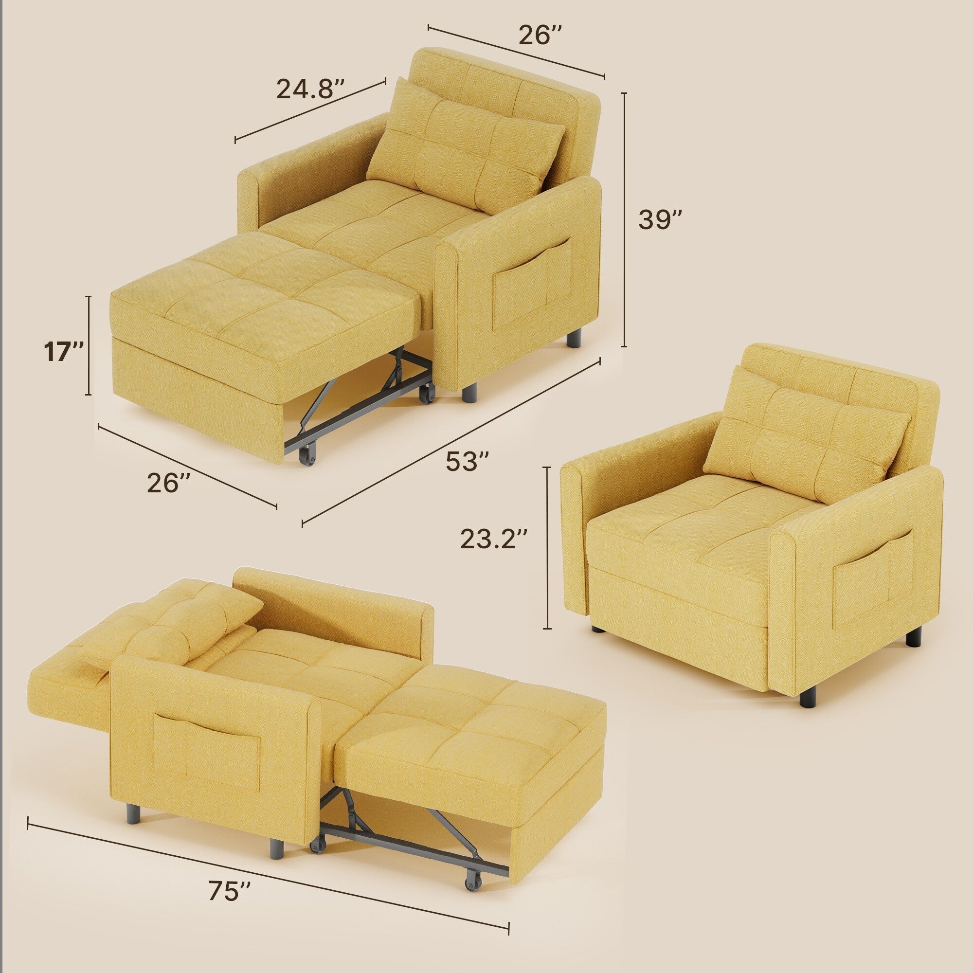 3-in-1 Adjustable Sleeper Sofa Bed, Pull Out Chair Sofa, Convertible Folding Bed for Living Room – Image 76
