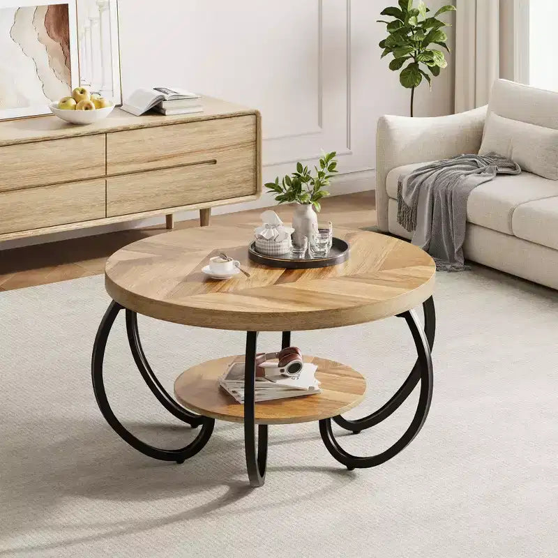 30 Inch Round Industrial Coffee Table 2-Tier with Adjustable Feet Wood Grain Shelf Flame Design Easy Assembly Living Room – Image 12