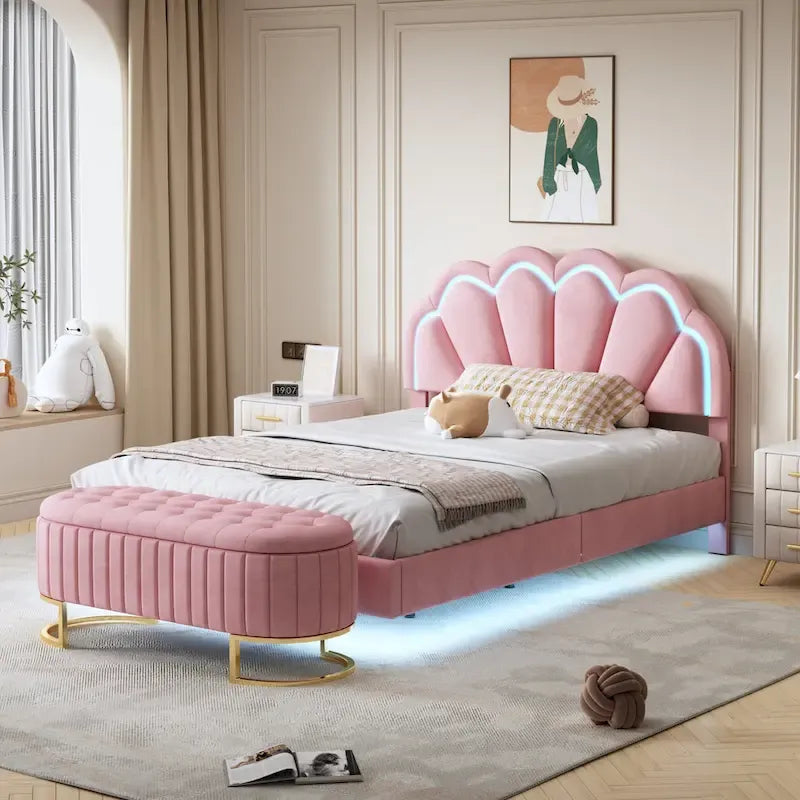 2-Pieces Bedroom Sets Full LED Platform Bed with Storage Ottoman – Image 2