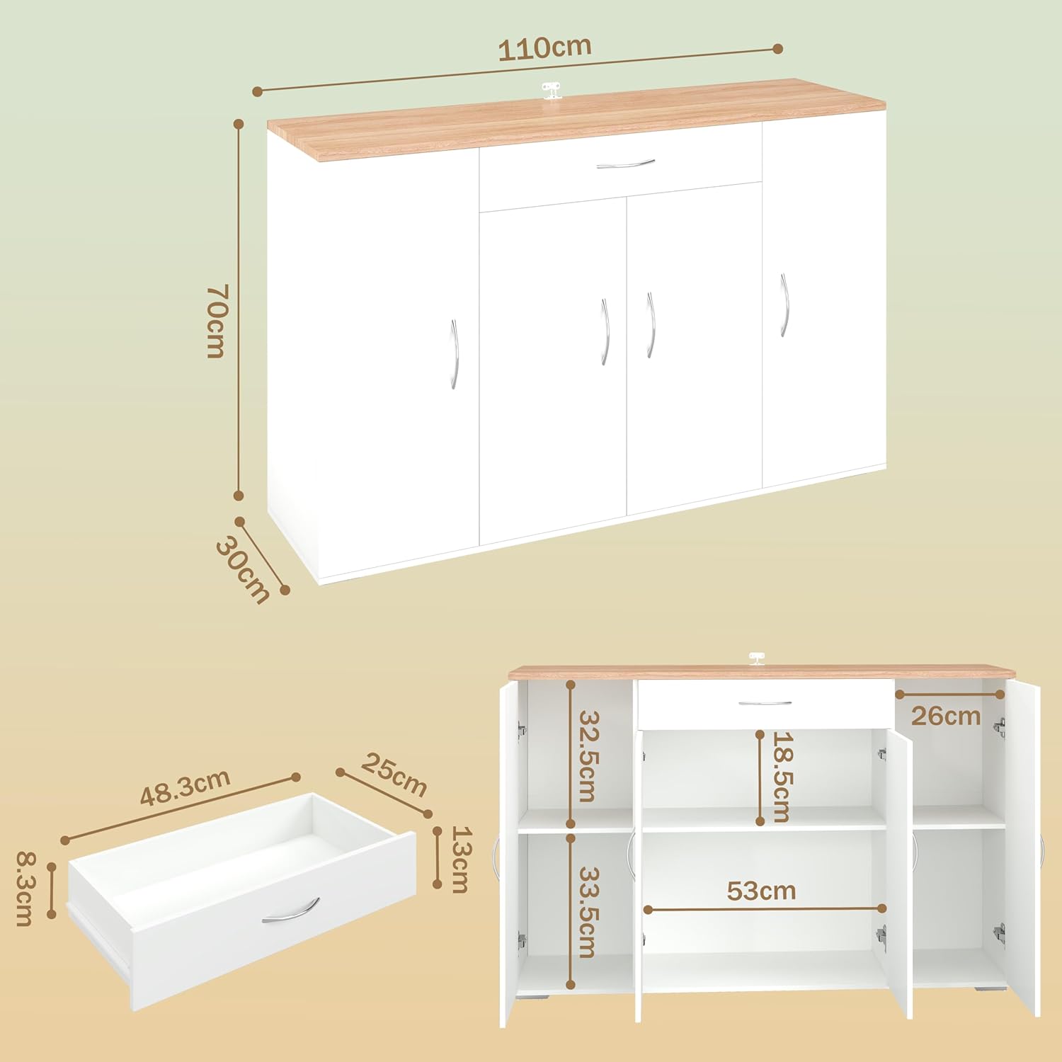 Meuble Cuisine Rangement avec Plan de Travail avec 4 Portes et 1 tiroir, Meuble de Rangement Cuisine Blanche Moderne – Image 3