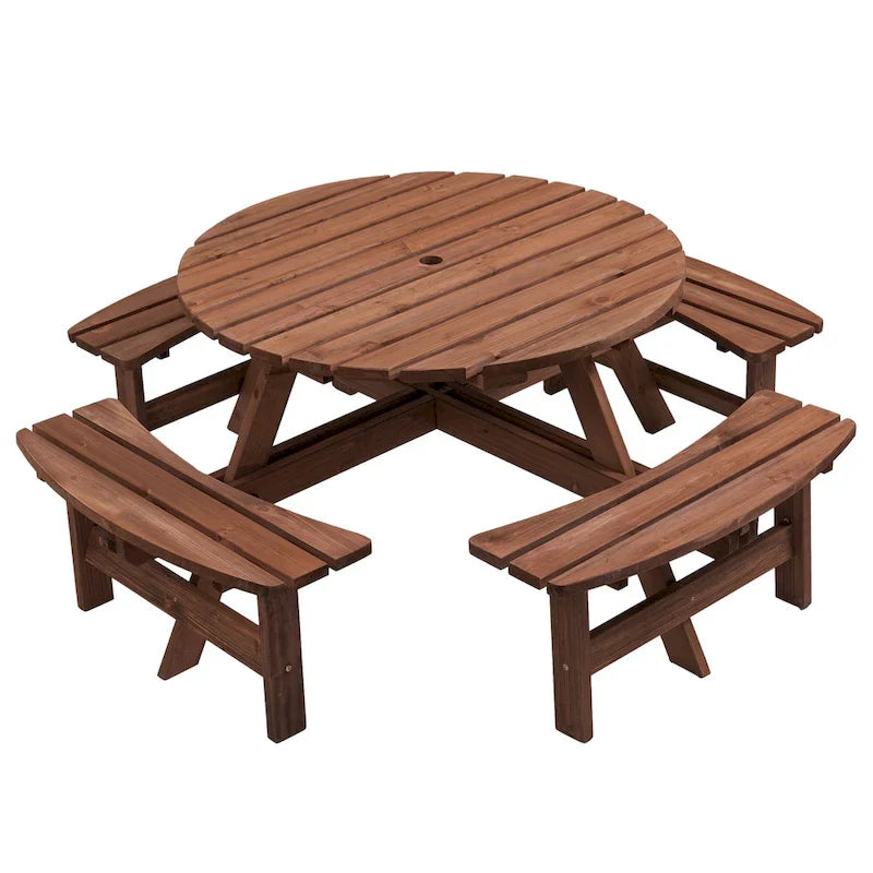 8-Person Outdoor Patio Fir Wood Round Picnic Dining Set with 4 Built-in Benches and Umbrella Hole – Image 4