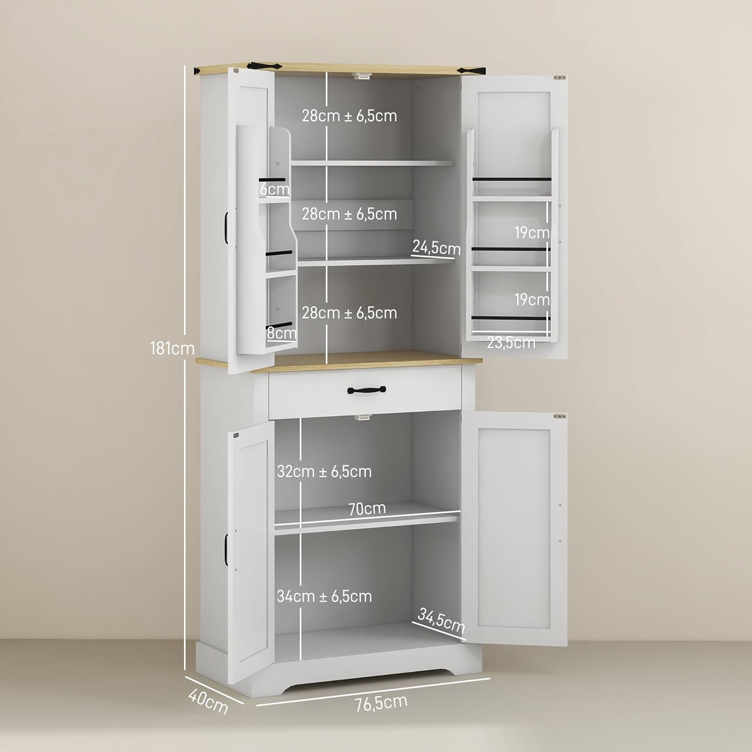HOMCOM Armoire de Cuisine Buffet Cuisine vaisselier Meuble de Rangement avec 4 Portes, 6 étagères à Porte,1 tiroir et étagères réglables, 76,5 x 40 x 181 cm, Blanc – Image 3