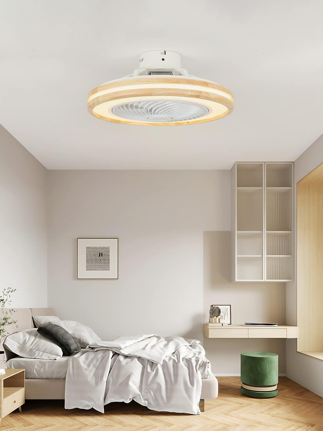 LJX Ventilateurs de Plafond avec Lumières Bois et Télécommande Plafonnier Ventilateur Design Sans Pales Été Et Hiver Réversible 6 Vitesses Moteur DC Gradable Ventilo Plafond Silencieux Pour Chambre – Image 6