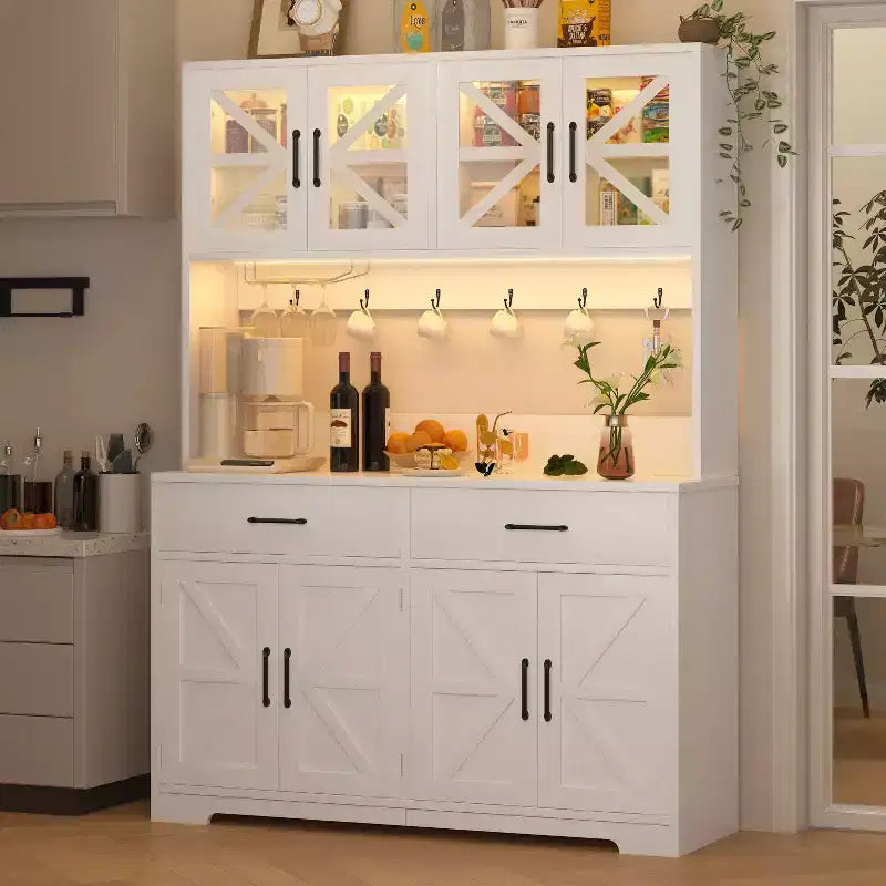 Dyonery white minimalist food storage cabinet, with glass cabinet doors, features 8 spacious storage zones and 2 drawers.