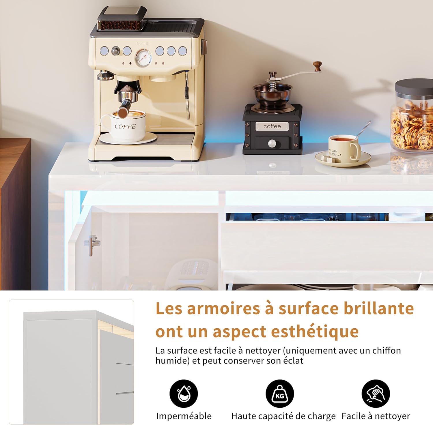 LONELYO Buffet Blanc Laqué 4 Portes2 Tiroirs avec Éclairage LED, Meuble de Rangement Moderne pour Salon, Cuisine ou Entrée, Design Haut Brillant Blanc – Image 5