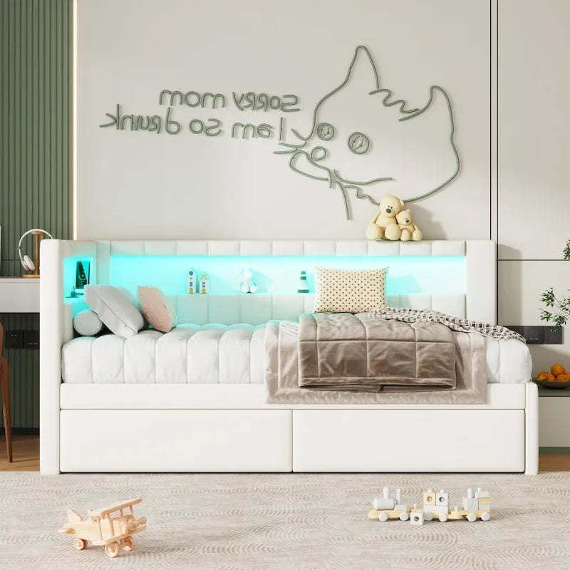 Upholstered Platform Bed with USB Ports & LED Lighting - Full/Twin Size Bed Frame with 2 Storage Drawers - Modern Bedroom – Image 6