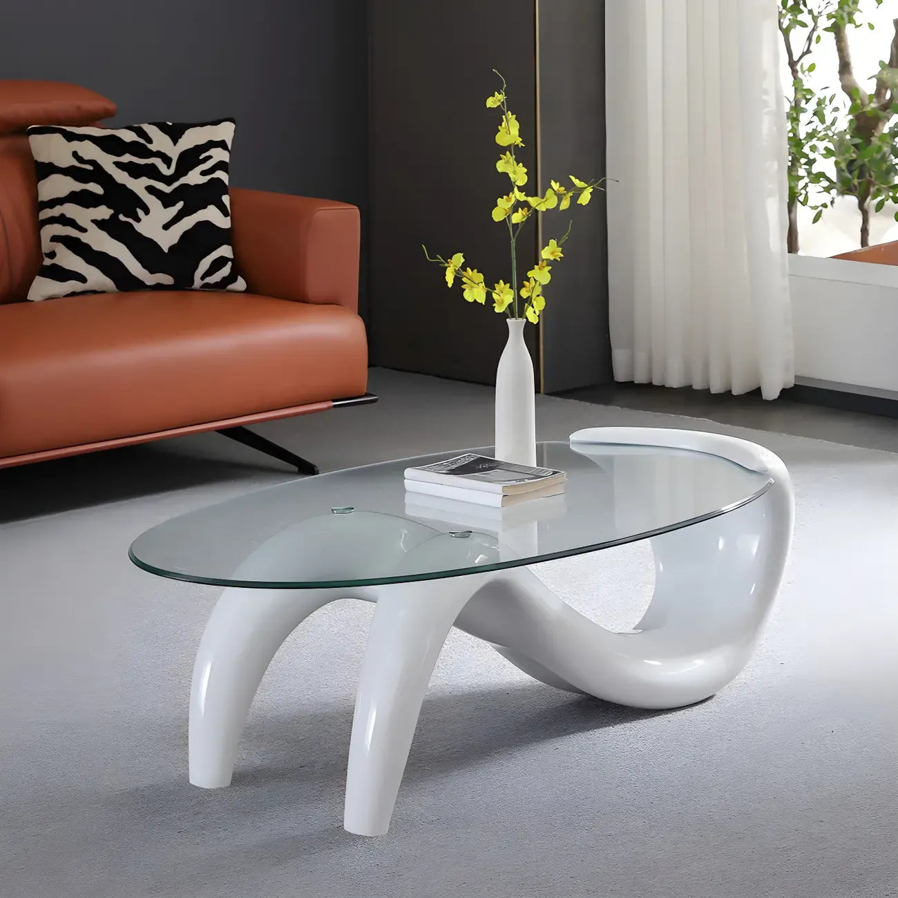 Abstract Modern Oval Glass Top Metal Base Coffee Table – Image 3