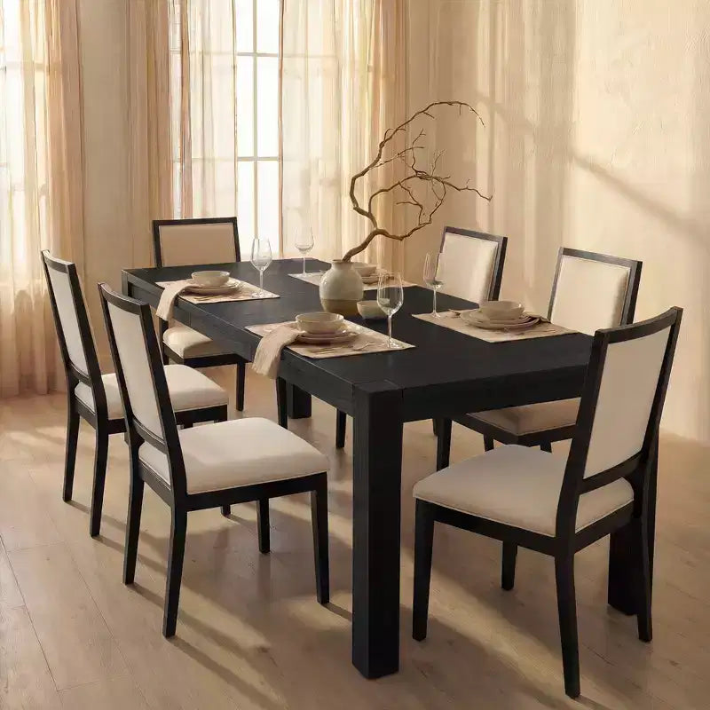 Modern Dining Set - 80 Table + 6 Cushioned Chairs, Solid Wood Frame, 400lbs Table Capacity, Easy Assembly – Image 2