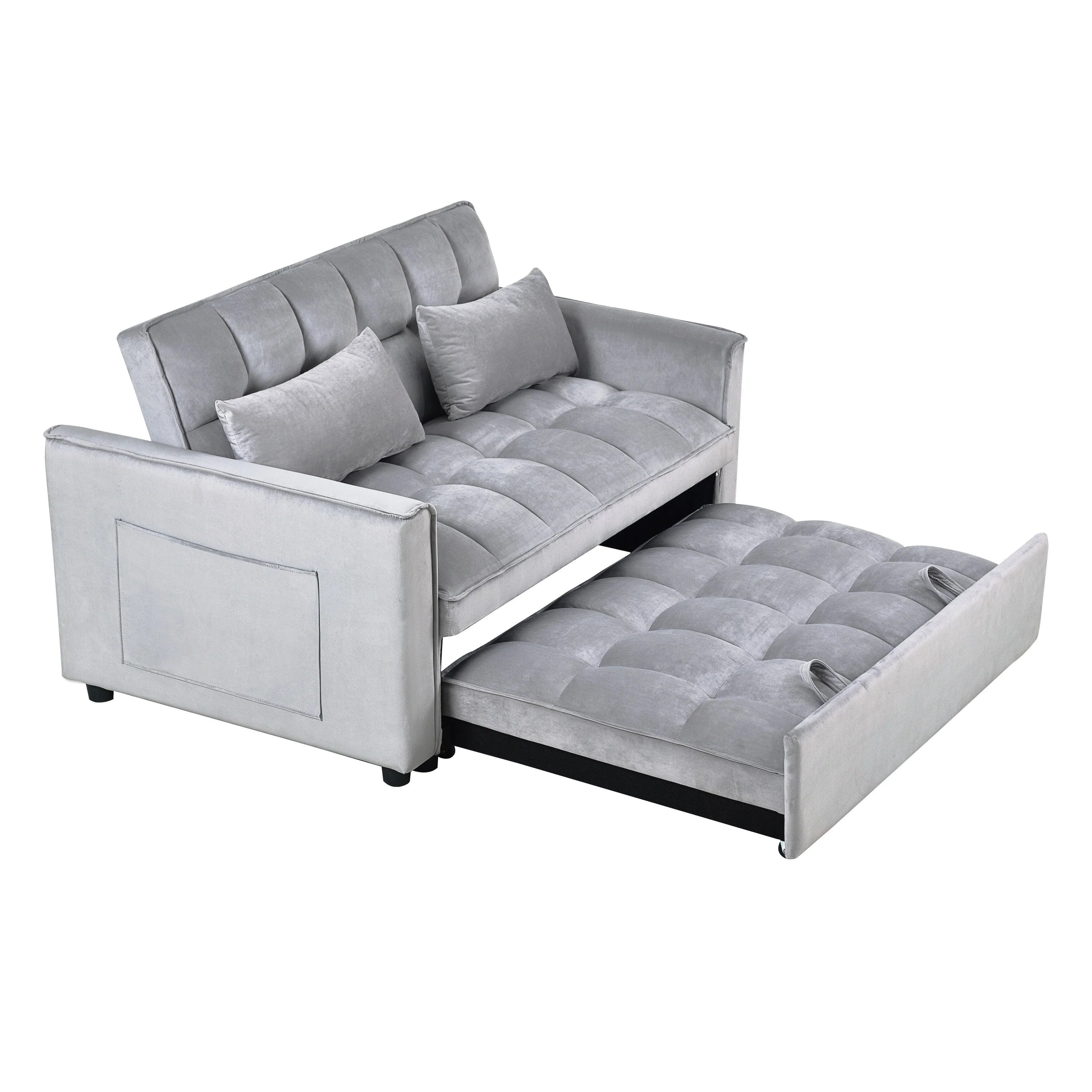 Modern Pull-Out Couch Bed, 3-in-1 Sleeper Sofa with Adjustable Backrest, Velvet Loveseat, Pillows & Side Pockets – Image 9