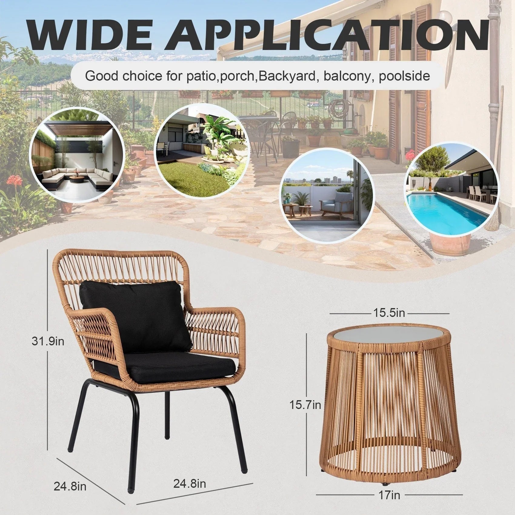 3 Piece Outdoor Wicker Conversation Bistro Set, All-Weather Rattan Furniture Patio Chairs Set with Cushions – Image 47