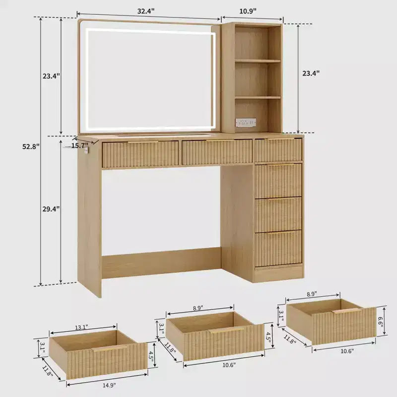 Large Fluted Vanity Desk w/ Lighted Mirror, Modern Makeup Vanity Table w/ 6 Storage Drawers & Hair Dryer Holder for Women Bedroom Dressing – Image 9