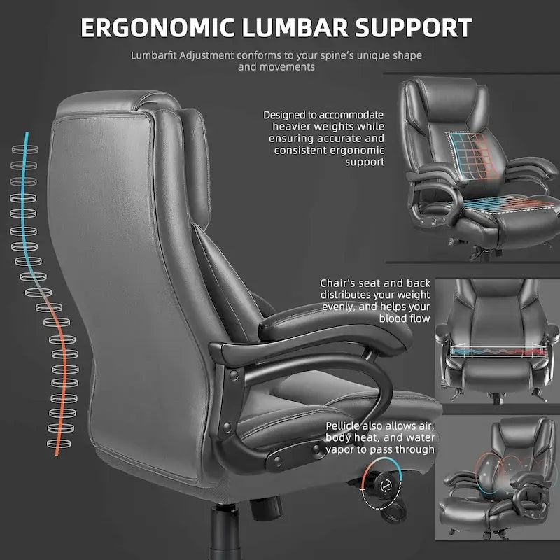Bossin Big and Tall Executive Office Chair,500LBS Adjustable Lumbar Support Ergonomic Chair with High Back PU Leather Computer – Image 14