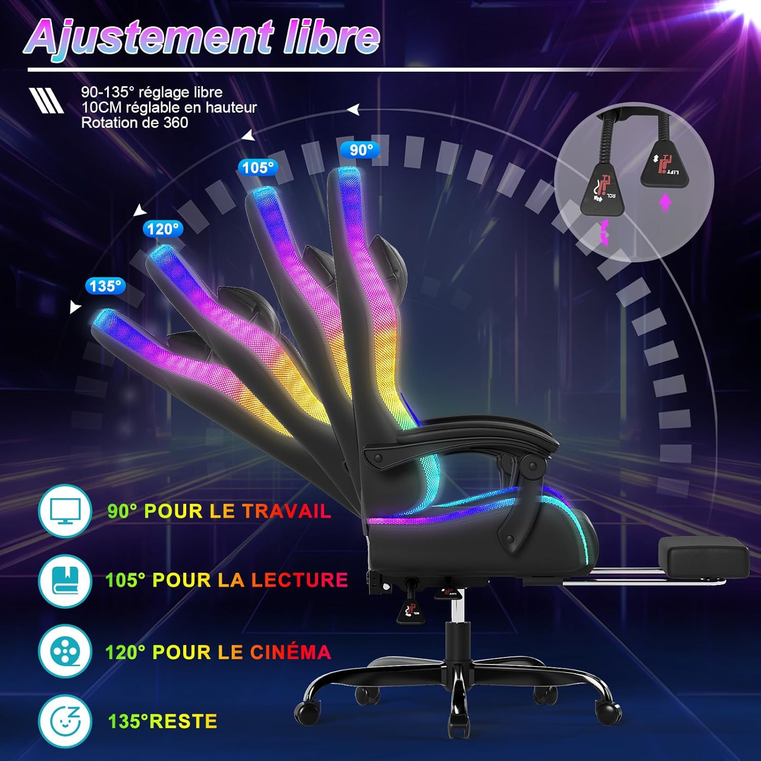 Devoko Chaise Gaming Ergonomique avec LED RGB, Massage Lombaire & Repose-Pieds – Fauteuil Gamer avec Appui-tête réglable – Dossier inclinable & Hauteur Ajustable – 180 kg – Noir – Image 6