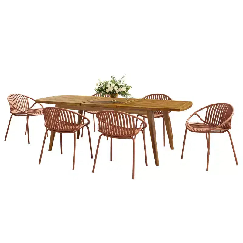 7-Piece Outdoor Expandable Patio Dining Set with Stackable Chairs, Acacia Wood Table – Image 14