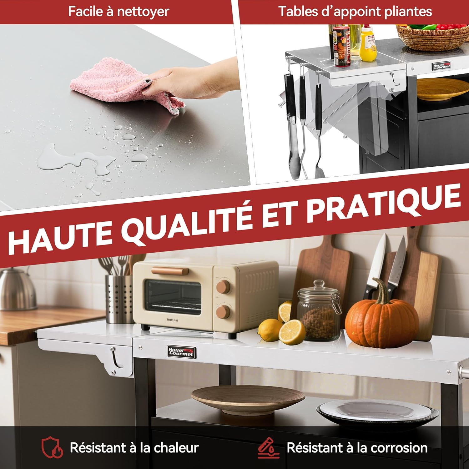 Royal Gourmet Chariot de Barbecue avec Porte d'Armoire, Desserte Extérieure pour Plancha avec Dessus de Table en Acier INOX 85 x 50cm et Table d'Appoint Pliable de 30 x 50cm, pour Cuisine et Jardin – Image 9